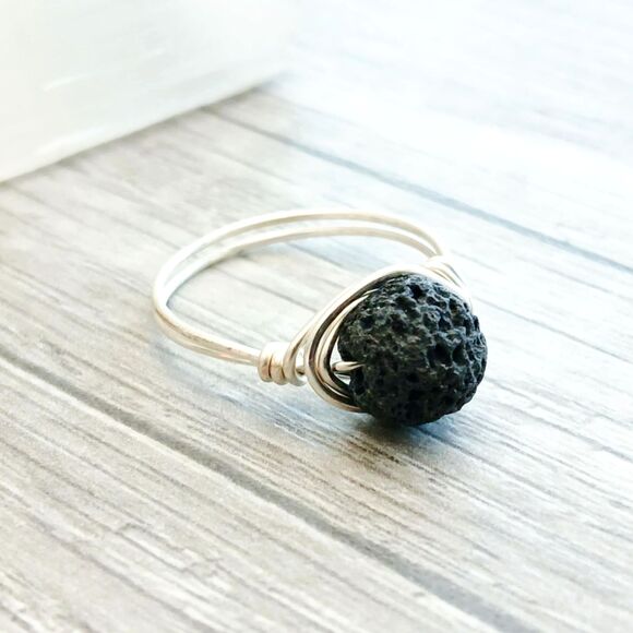 Lava Rock Beaded Ring, Stackable Stone Wire Ring, Size 8 - Picture 2 of 3
